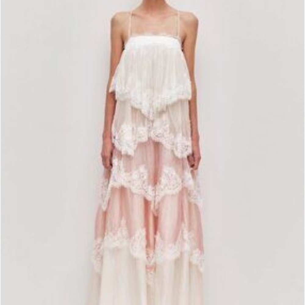 Aje Blush and Ivory Lace Tiered Maxi Dress